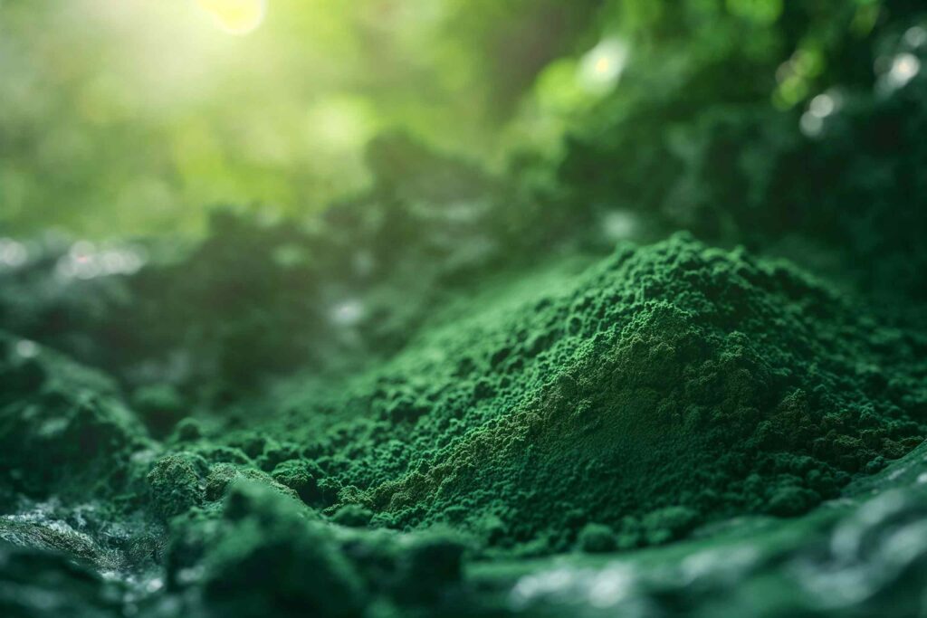 Eine stimmungsvolle Nahaufnahme von feinkörnigem, tiefgrünem Spirulina-Pulver, das zu einem kleinen Hügel aufgehäuft ist, mit einem sanften, natürlichen Lichtschein im Hintergrund.