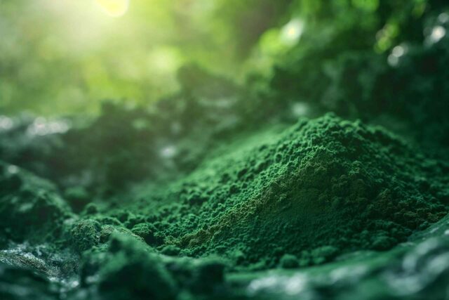 Eine stimmungsvolle Nahaufnahme von feinkörnigem, tiefgrünem Spirulina-Pulver, das zu einem kleinen Hügel aufgehäuft ist, mit einem sanften, natürlichen Lichtschein im Hintergrund.