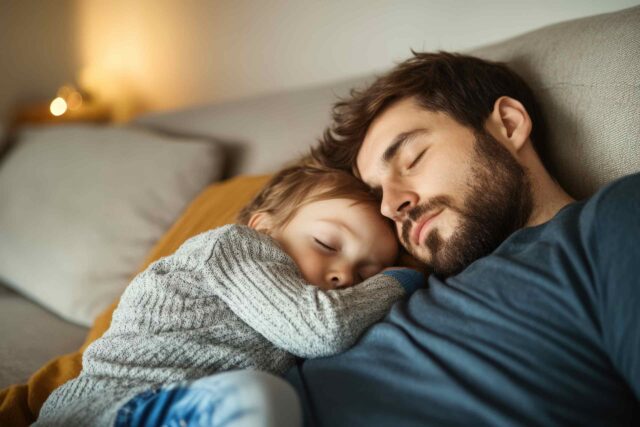 Ein herzlicher Moment der Geborgenheit: Vater und Kind beim gemeinsamen Mittagsschlaf im gemütlich beleuchteten Wohnzimmer.
