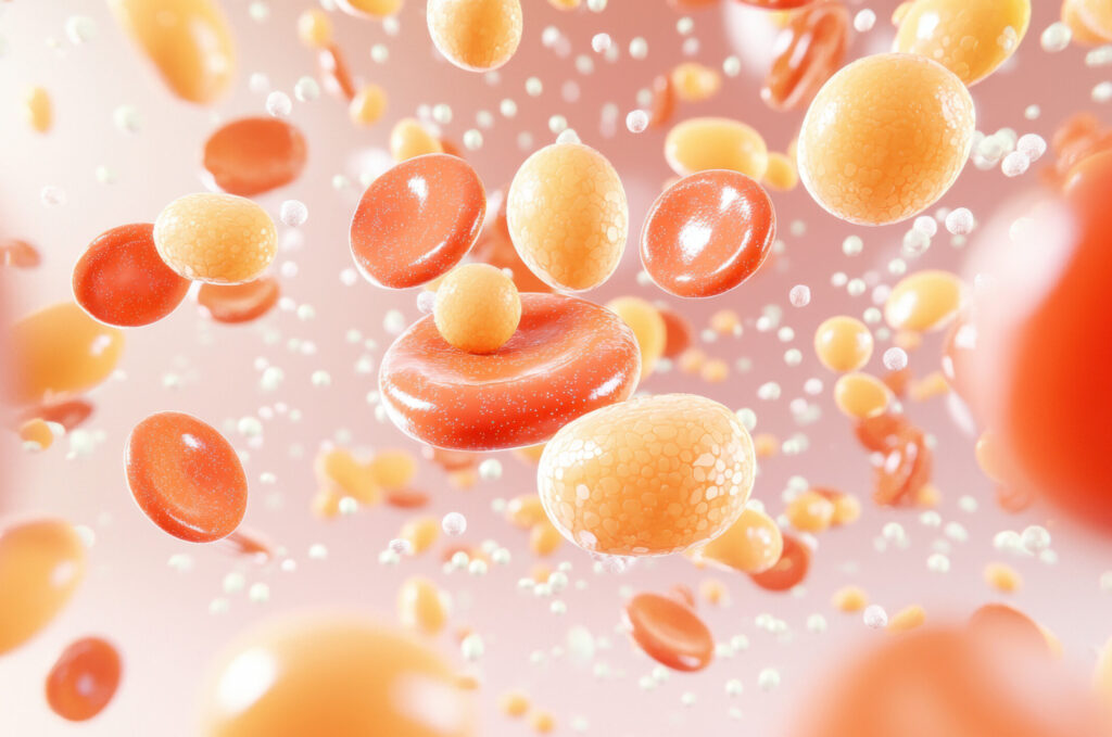 An Abstract representation of cholesterol levels with colorful particles floating. This illustrates complexity of blood components and cholesterol