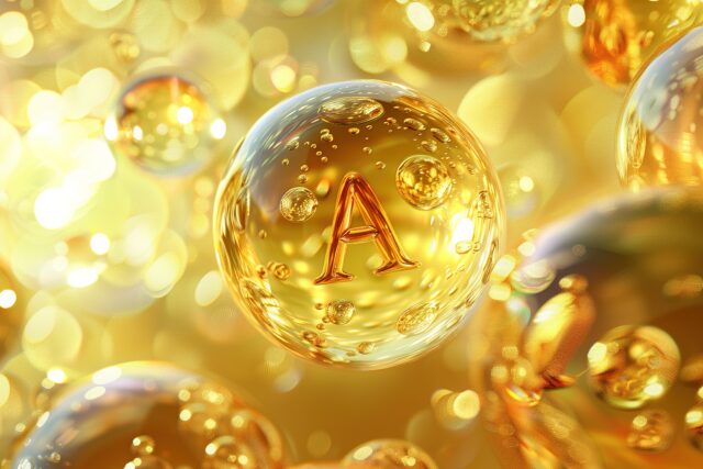 Vitamin A Symbol umrandet in einer goldenen Kapsel. Im Hintergrund goldenes Licht.