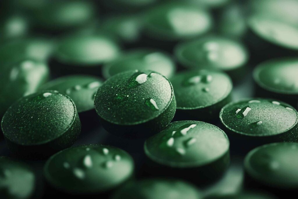 Detailansicht von runden, dunkelgrünen Chlorella-Tabletten mit einer leicht rauen Oberfläche, auf denen feine Wassertropfen liegen.