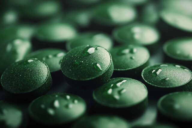 Detailansicht von runden, dunkelgrünen Chlorella-Tabletten mit einer leicht rauen Oberfläche, auf denen feine Wassertropfen liegen.