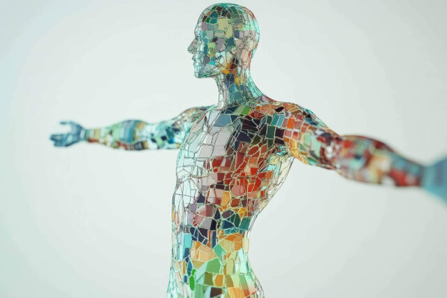 Glasfigur eines Mannes in bunter Mosaik-Optik mit ausgestreckten Armen vor hellem Hintergrund. Ein Symbolbild für das 8 Elements Gesundheitskonzept von LIFE LIGHT.