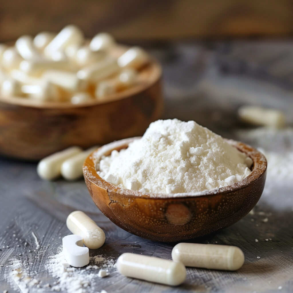 Weißes Glutathion-Pulver in einer Holzschale mit weißen Kapseln