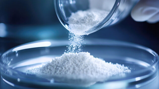 Photograph of a scientist pouring a white powder into a Petri dish in a laboratory, close-up, stock photo