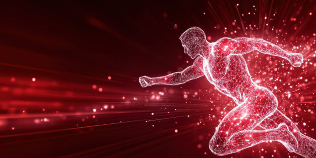 Holographische Darstellung von Mann in roter Farbe beim Sport. Darstellung von Durchblutung, Gefäßgesundheit und sportlicher Leistung