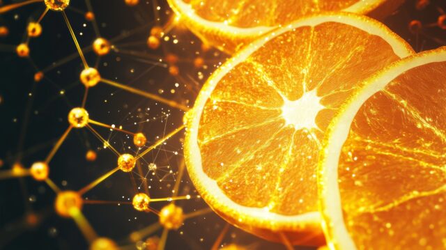 Orangenscheibe mit Diosmin Molekül links auf leuchtend schwarzem Hintergrund