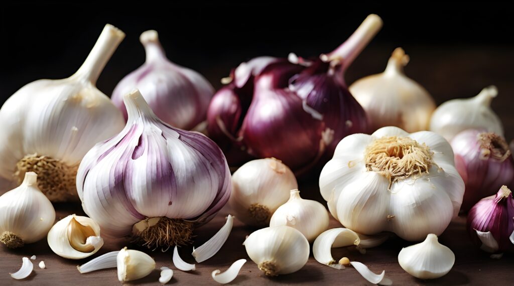 Zwiebel und Knoblauchknollen vor scharzem Hintergrund