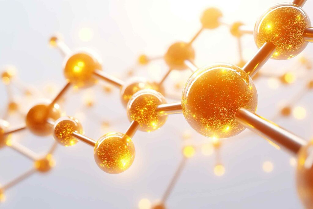 Eine helle, ästhetische Darstellung einer Molekülstruktur aus goldglänzenden, transparenten Kugeln, die durch Metallstäbe verbunden sind und von warmem Licht durchflutet werden.