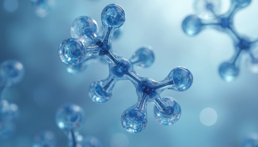 3D-Illustration der molekularen Struktur von Carnosin. Detaillierte Darstellung des L-Carnosin-Moleküls mit Atomen und Bindungen. Die wissenschaftliche Visualisierung zeigt antioxidative Eigenschaften im Gehirn und in den Muskeln im Zusammenhang mit dem Alterungsprozess