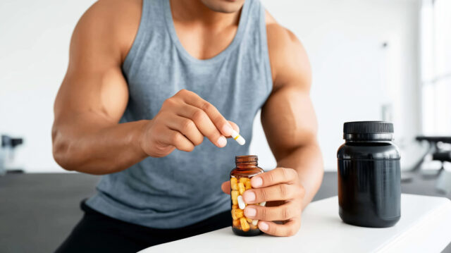Athlet mit grauem Shirt vor Fitnessstudio Hintergrund mit Pillendose aus Braunglas in einer Hand und Pille in der anderen Hand