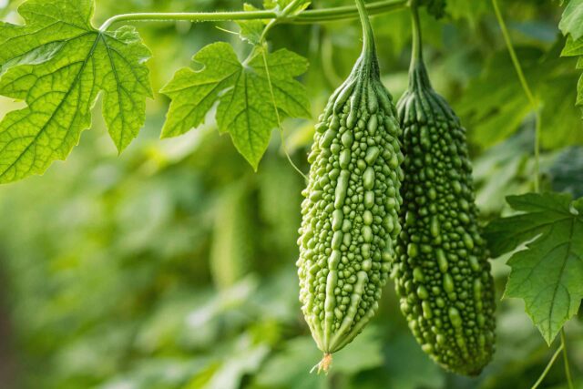 Eine ganze oder aufgeschnittene Bittermelone mit ihrer typisch warzigen, grünen Oberfläche.