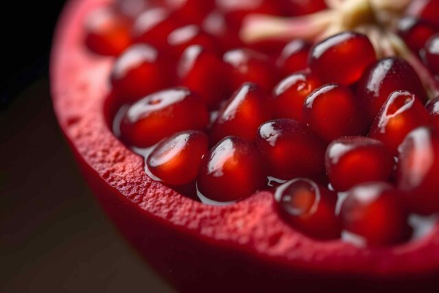 Ein aufgeschnittener Granatapfel, der die saftigen, tiefroten Kerne im Inneren zeigt.