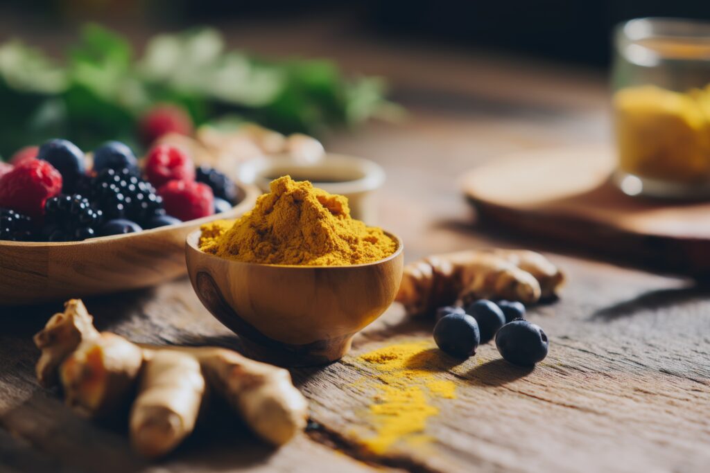 Kurkumapulver in Holzschale neben Kurkumawurzel und verschiedenen Beeren auf rusktikalem Holztisch