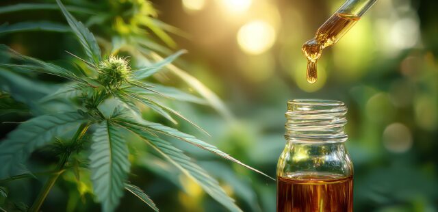 Cannabis Pflanze mit einer Glasflasche und Pipette mit Öl auf grünem Hintergrund