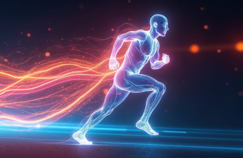 Drahtgitterartiger menschlicher Körper läuft schnell und erzeugt leuchtende Energiespuren. Futuristische Lichtbewegungen symbolisieren Geschwindigkeit sowie einen gesteigerten Stoffwechsel für Gesundheit und Wohlbefinden