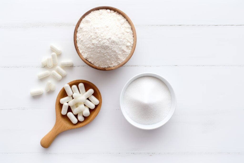Collagen powder and pills on white background