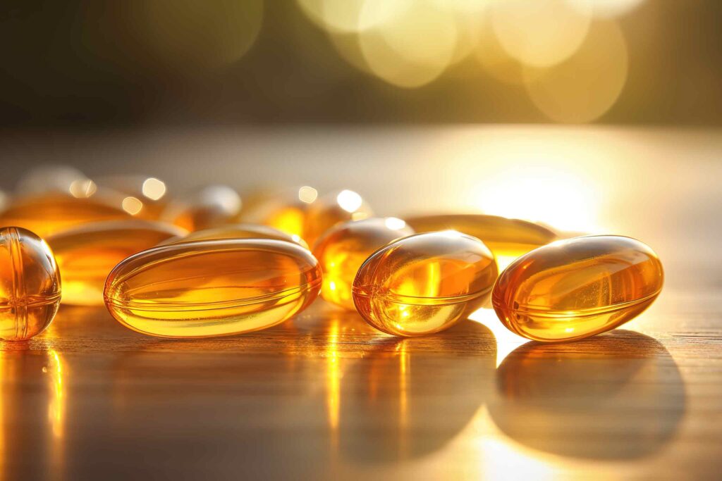 Mehrere goldgelbe, glänzende Omega-6-Softgel-Kapseln liegen auf einer Holzoberfläche und werden von warmem, natürlichem Sonnenlicht im Hintergrund beleuchtet.