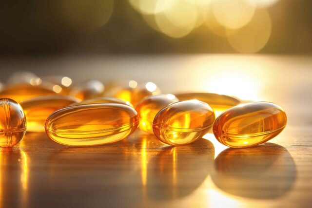 Mehrere goldgelbe, glänzende Omega-6-Softgel-Kapseln liegen auf einer Holzoberfläche und werden von warmem, natürlichem Sonnenlicht im Hintergrund beleuchtet.
