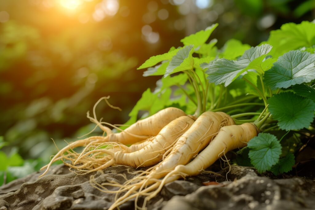 Ginseng in Natur auf Erdboden mit Sonnenlicht und Naturgrün im Hintergrund