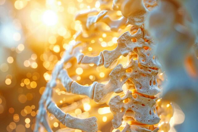 Eine detaillierte, ästhetische Darstellung der menschlichen Wirbelsäule und Rippenstruktur in warmen Beigetönen, die von strahlendem, goldenem Licht durchflutet wird, um die Bedeutung von Calcium für die Knochengesundheit und Stabilität zu symbolisieren.
