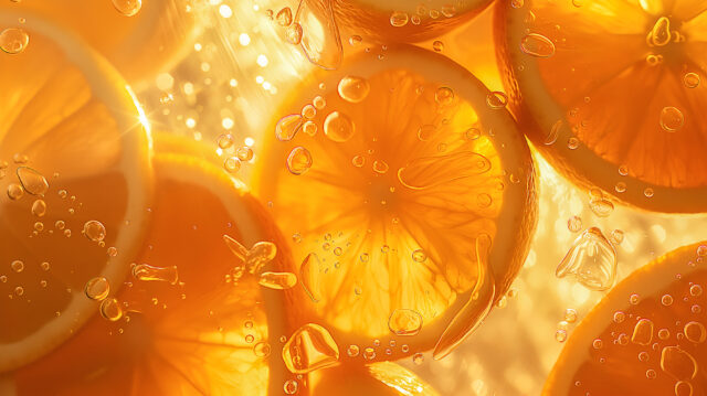 Orangenscheiben in Wasser mit Wassertropfen und goldenem Licht