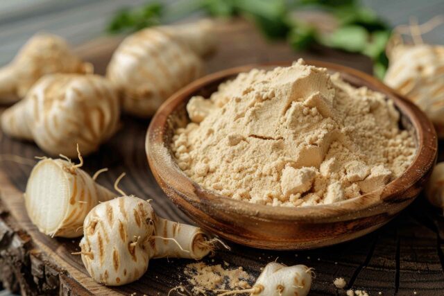 Ansicht einer Maca-Wurzel oder daraus gewonnenem Pulver, einem Superfood aus den Anden.
