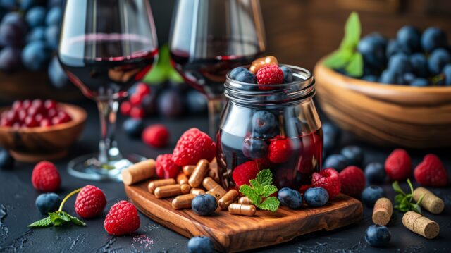 Ein Glas mit Beeren vor einem Hintergrund aus frischen Beeren und Rotwein sowie Resveratrol Kapseln