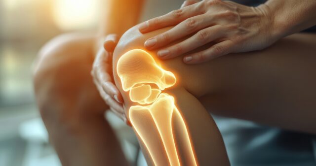 Person, die sich am Knie hält mit leuchtender holografischer Darstellung von Kniegelenk und Knochenstruktur