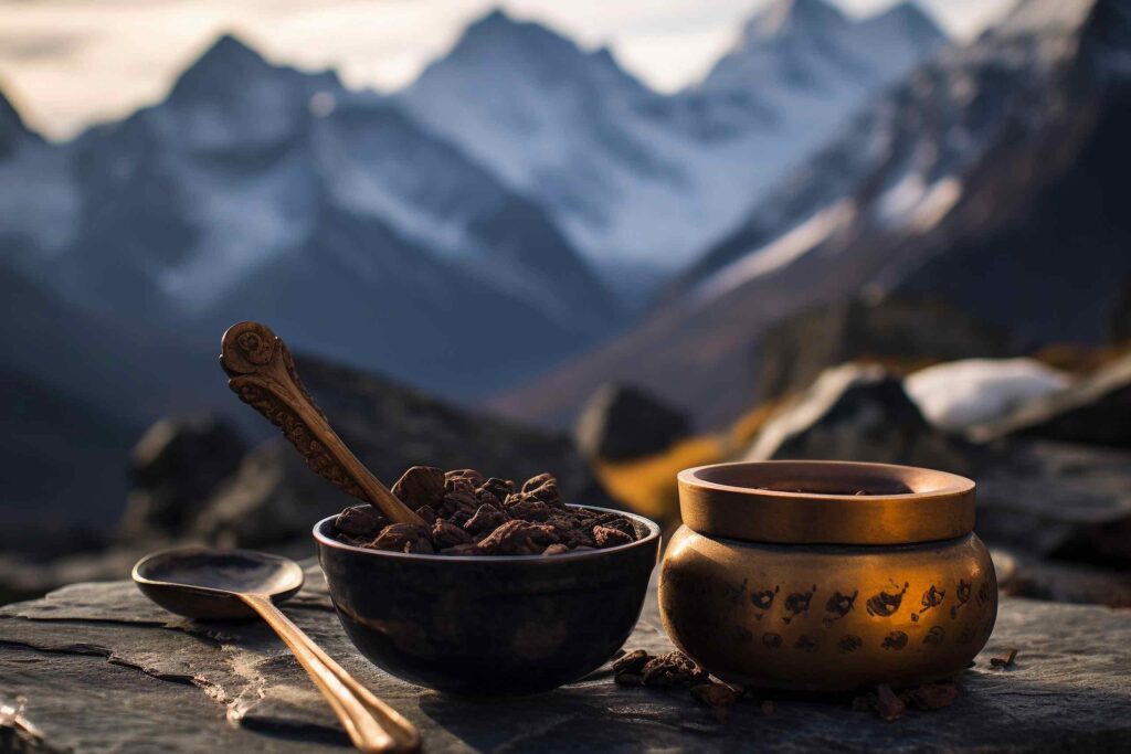 Eine Schale mit dunklen Mumijo-Stücken (Shilajit) und ein dekorativer Goldtiegel auf einem Felsen vor einer verschneiten Bergkulisse.