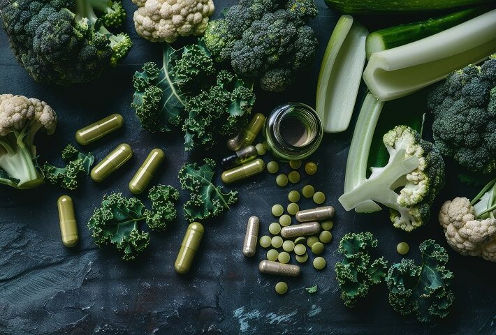 A vibrant display of fresh green vegetables and herbal supplements sprawled on a dark rustic table, emphasizing health, nutrition, and natural well-being.