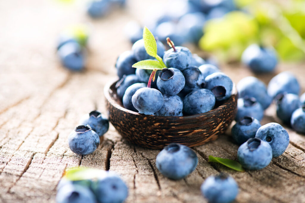 Zahlreiche tief violette Früchte der Heidelbeere liegen in einer kleinen, braunen Schüssel und sind vereinzelt rundherum am Holztisch verteilt.