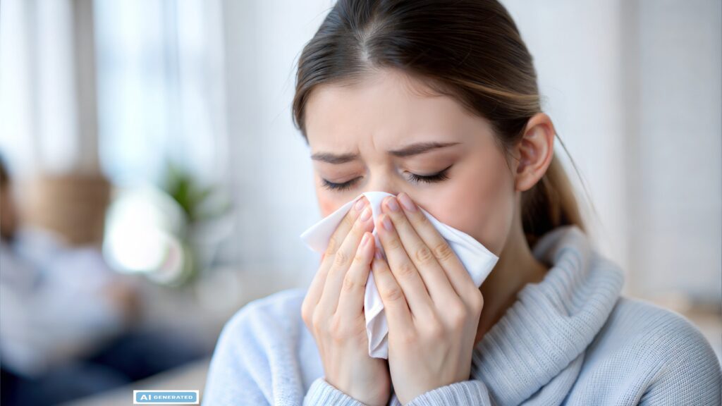 Young woman holding tissue blowing her nose while sick with cold or flu symptoms